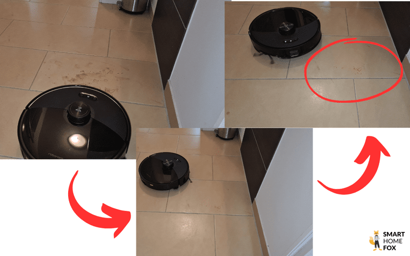 Das Testergebnis des Roborock S8 MaxV Ultra beim Extrem-Wischtest auf dem Fließboden im Badezimmer ist zu sehen.